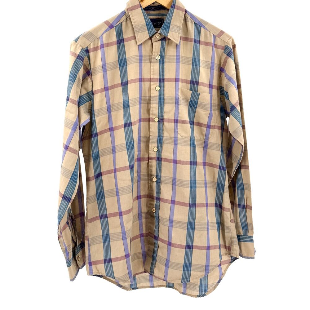 Vintage 80s Levi's Tan Blue Plaid Button-Down Shirt